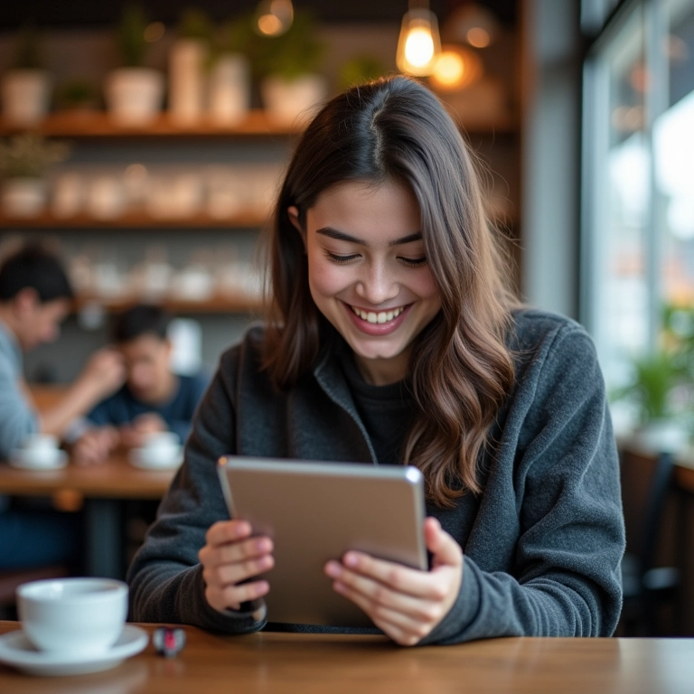 Estudante sorrindo enquanto pesquisa escolas de idiomas em Toronto.
