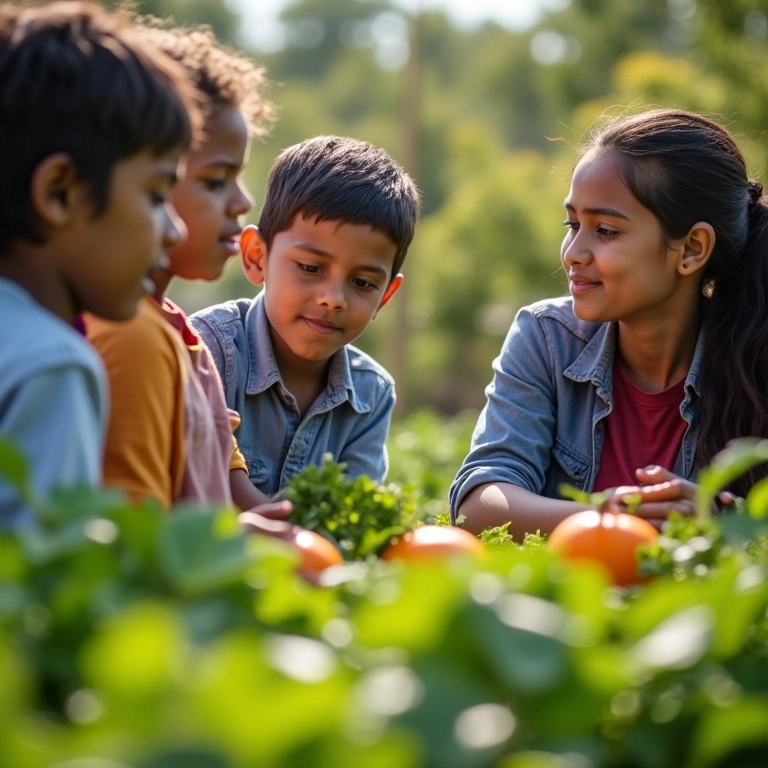 Estudantes aprendendo sobre nutrição em uma horta escolar.