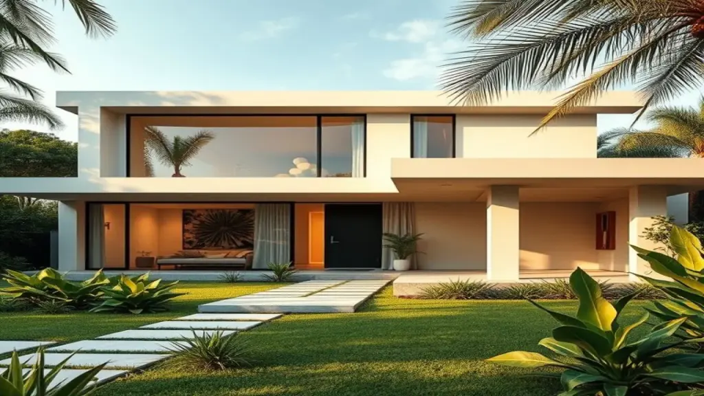 Exterior of a modern Brazilian home with clean lines, large windows, and a minimalist design, Casa moderna brasileira com design minimalista e integração com a natureza.