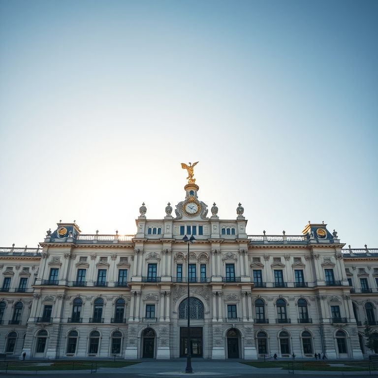 Fachada imponente do Palácio Real de Madri sob céu azul.