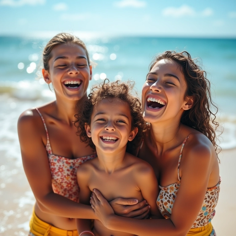 Viagens em Família: Dicas para Criar Memórias Inesquecíveis Família brasileira sorrindo e se divertindo em uma praia ensolarada durante as férias.