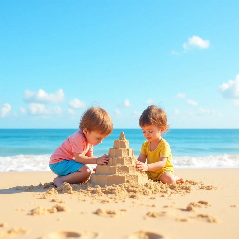 Família construindo castelo de areia em uma praia ensolarada.