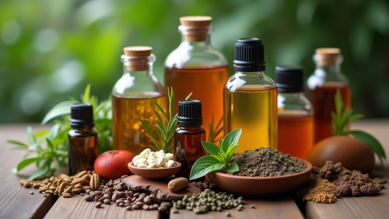 Medicamentos naturais: chás, óleos essenciais e extratos de plantas.