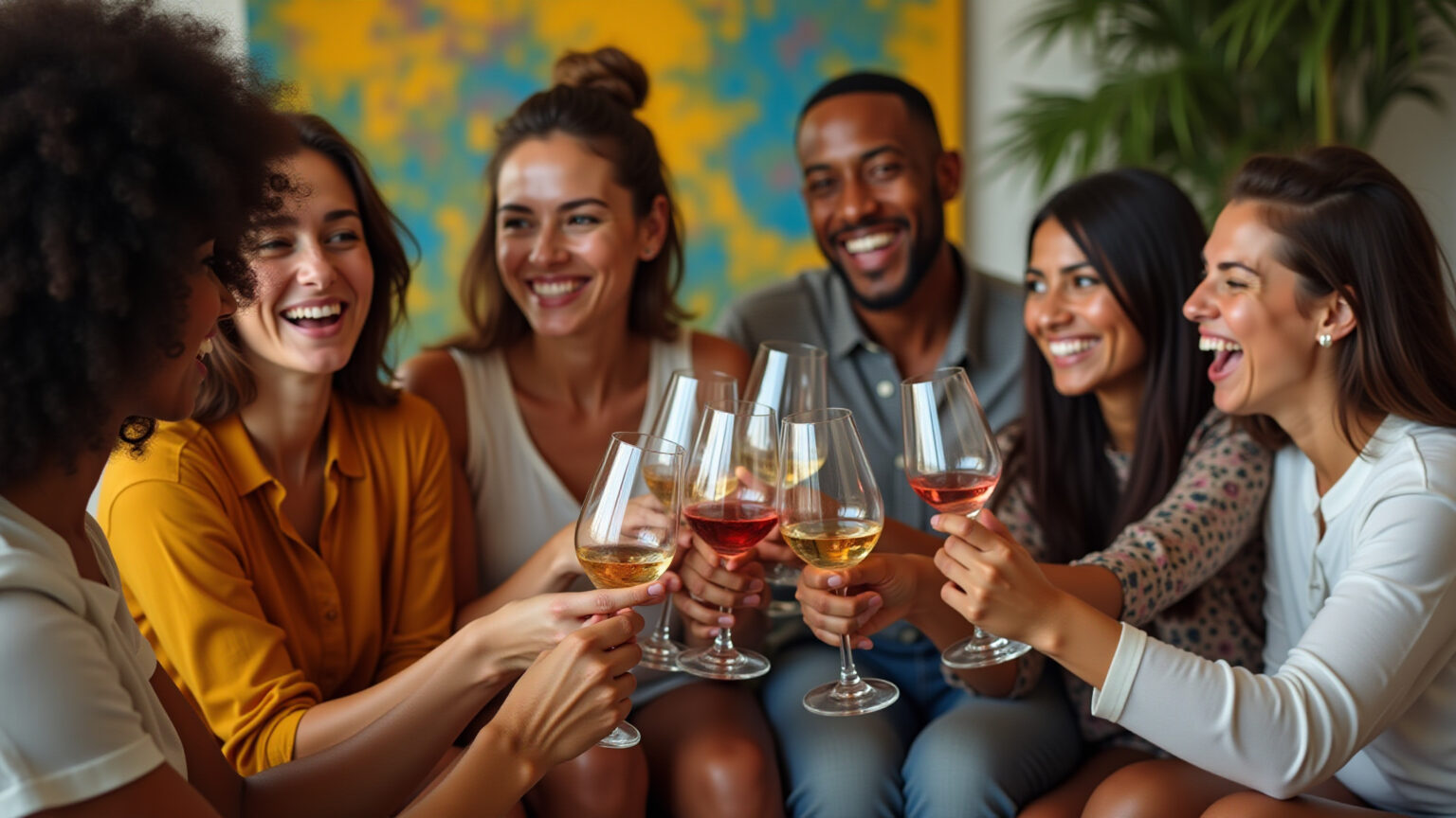 Amigos brasileiros brindando com diferentes vinhos.