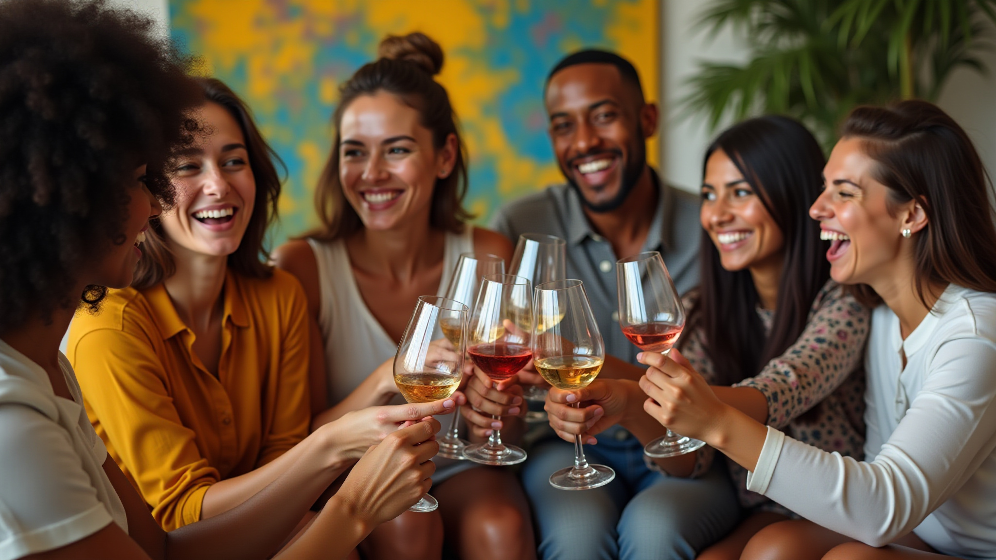 Amigos brasileiros brindando com diferentes vinhos.