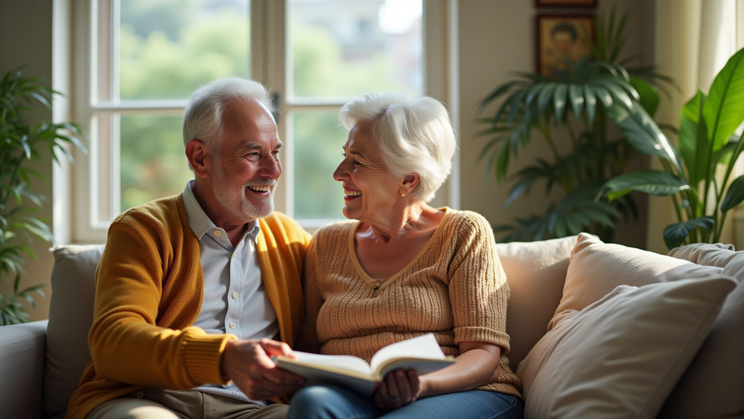 Casal idoso sorrindo, discutindo herança em lar ensolarado.