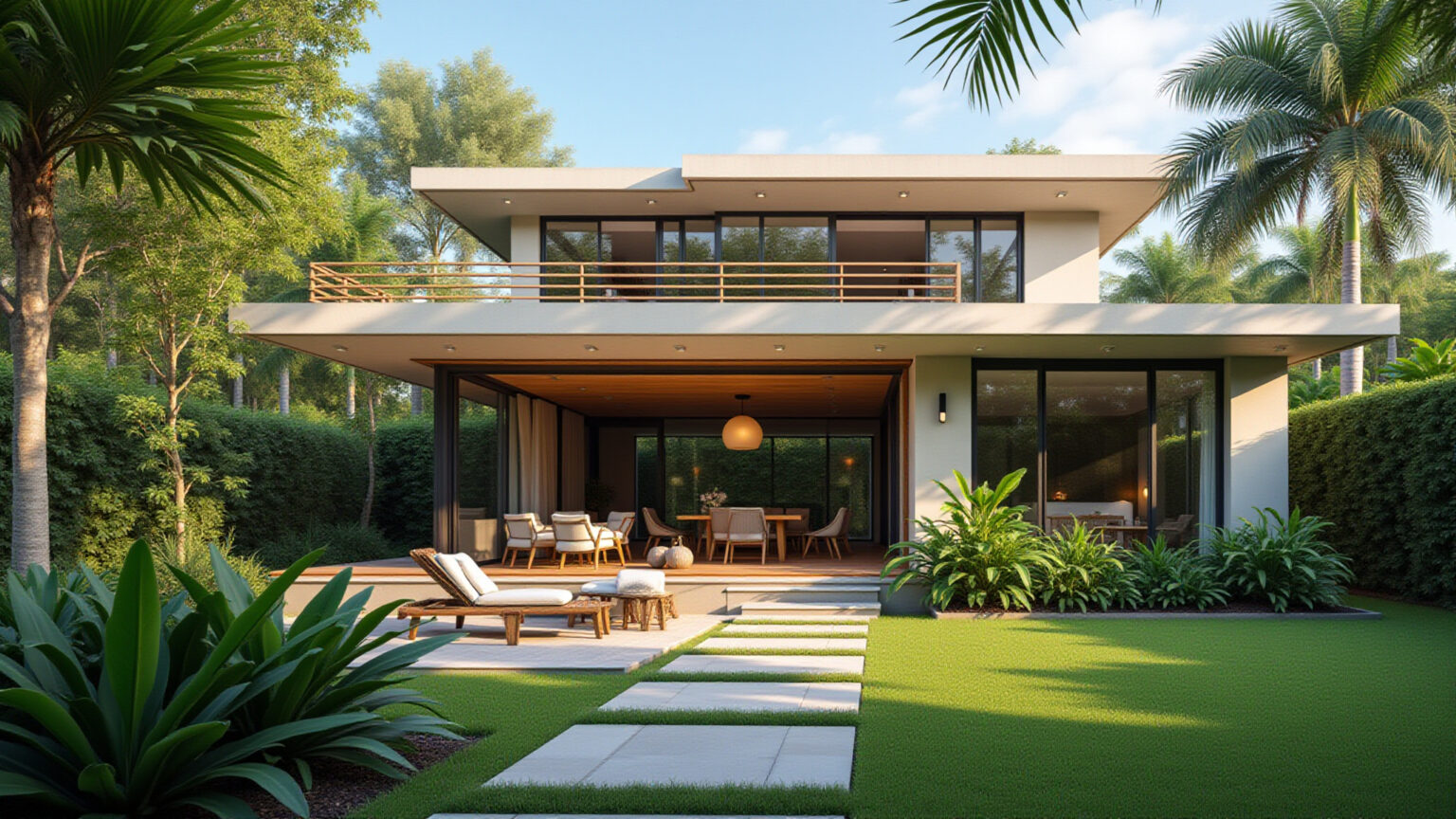 Casas Modernas: Características essenciais do design moderno Exterior de casa moderna brasileira com jardim tropical.