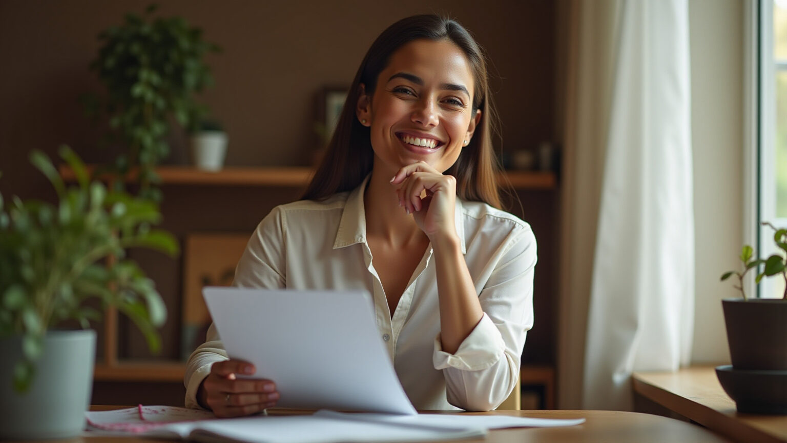 O Que Fazer com o 13º Salário: Investir ou Pagar Dívidas? Mulher brasileira sorrindo, decidindo entre pagar contas e investir o 13º salário.