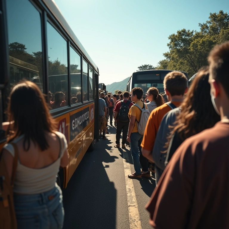 Fronteira terrestre entre Brasil e país vizinho, com ônibus sendo fiscalizado pela alfândega.
