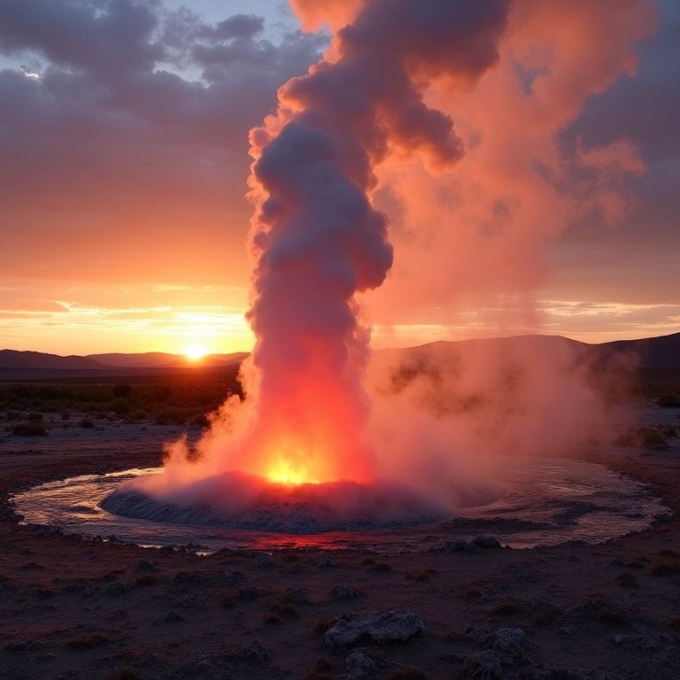 Gêiseres del Tatio em erupção ao amanhecer no Deserto do Atacama.