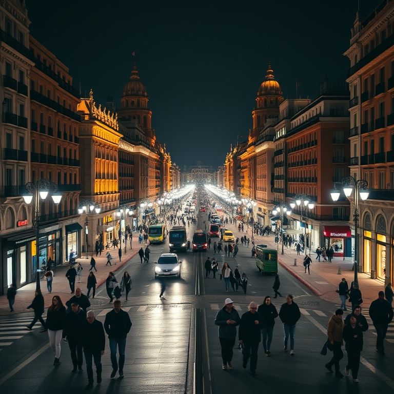 Gran Vía iluminada à noite com luzes vibrantes e pedestres.