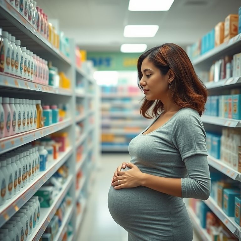 Grávida escolhendo sabonete íntimo na farmácia.