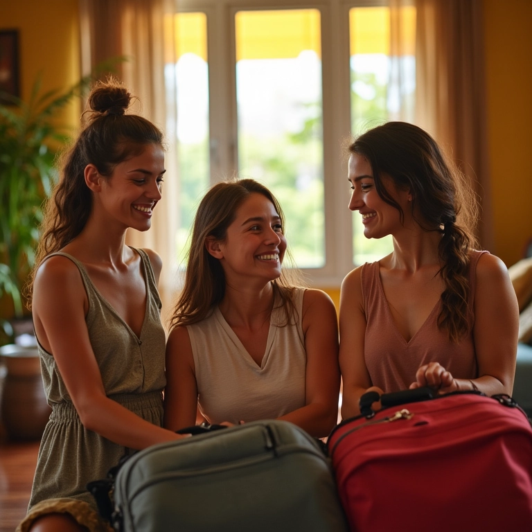 Viagens em Família: Dicas para Criar Memórias Inesquecíveis Grupo de adultos diversos preparando malas para viagem em família em casa vibrante.