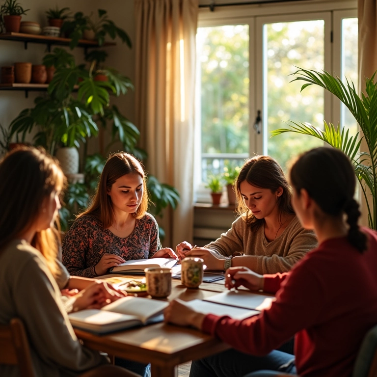 Programa Conta pra Mim: A Leitura em Família Grupo de adultos diversos reunidos em um clube de leitura em um ambiente aconchegante e vibrante.