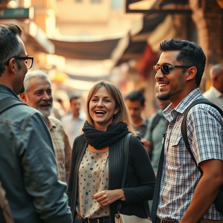 Grupo diverso de turistas rindo em um mercado em Marrakech.