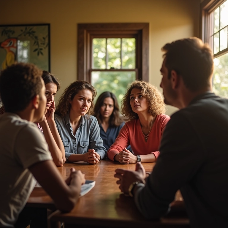 Grupo diverso discutindo a Lei Brasileira de Inclusão em ambiente iluminado e acolhedor.