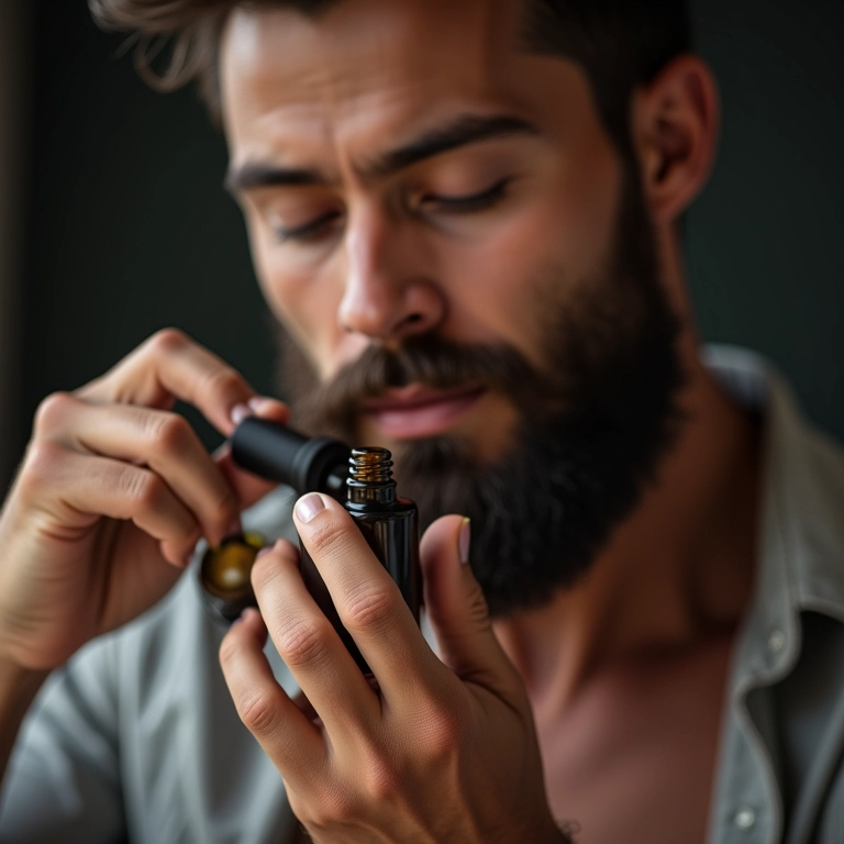 Homem aplicando óleo de barba nas mãos.