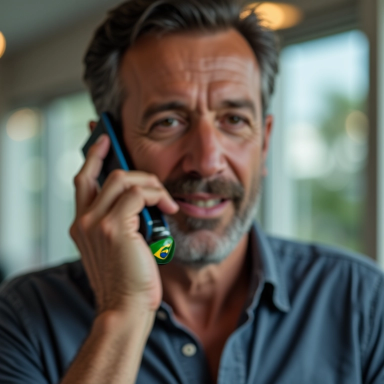 Homem disca '55', o código do Brasil, em um celular moderno.