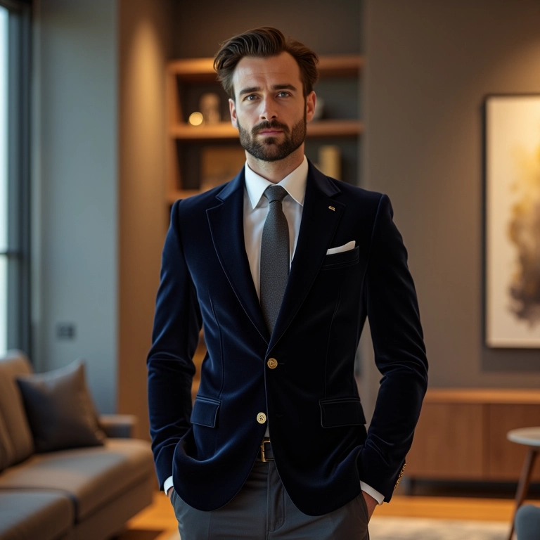 Homem em blazer de veludo com calças de alfaiataria em um apartamento moderno.