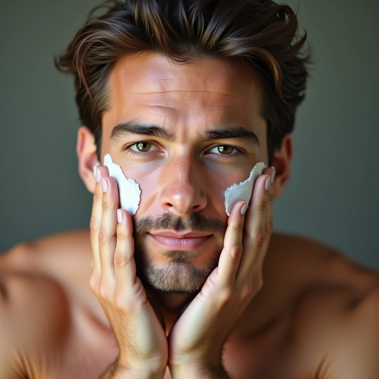 Homem esfoliando o rosto para remover células mortas.