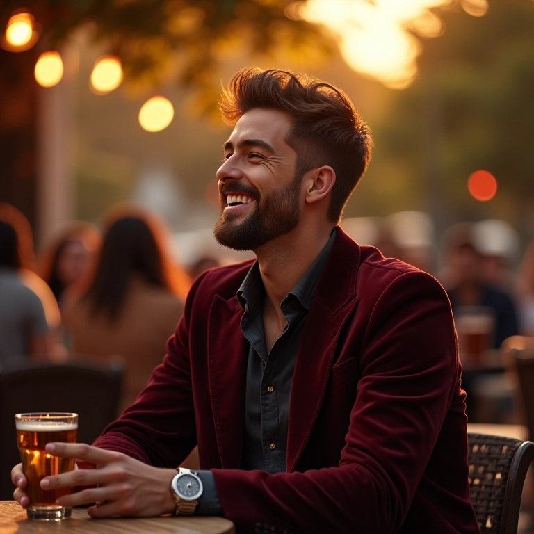 Como usar blazer de veludo masculino com elegância Homem estiloso usando blazer de veludo, sorrindo com amigos em um café ao ar livre.