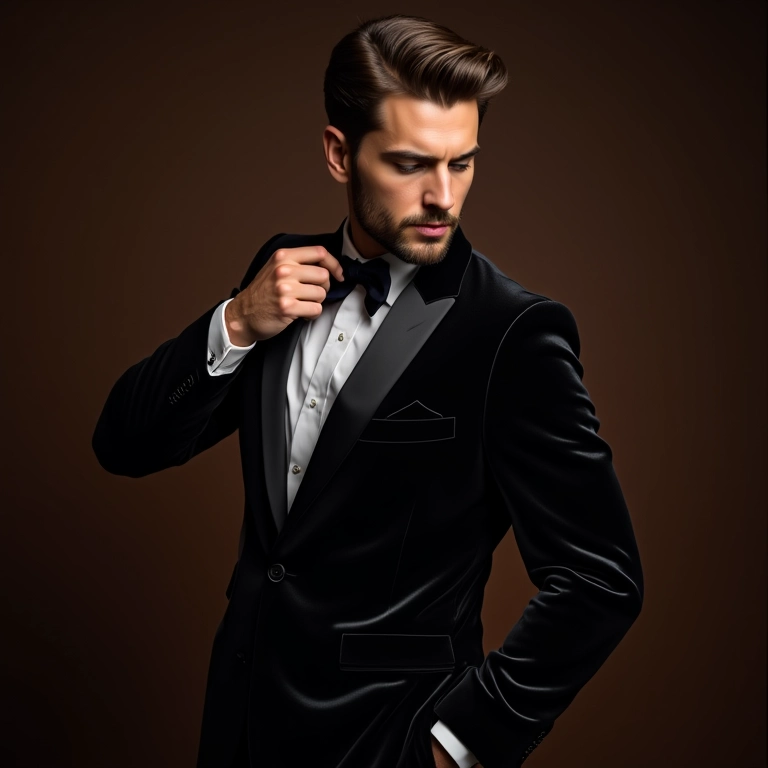 Homem experimentando blazer de veludo com um alfaiate ajustando o caimento.