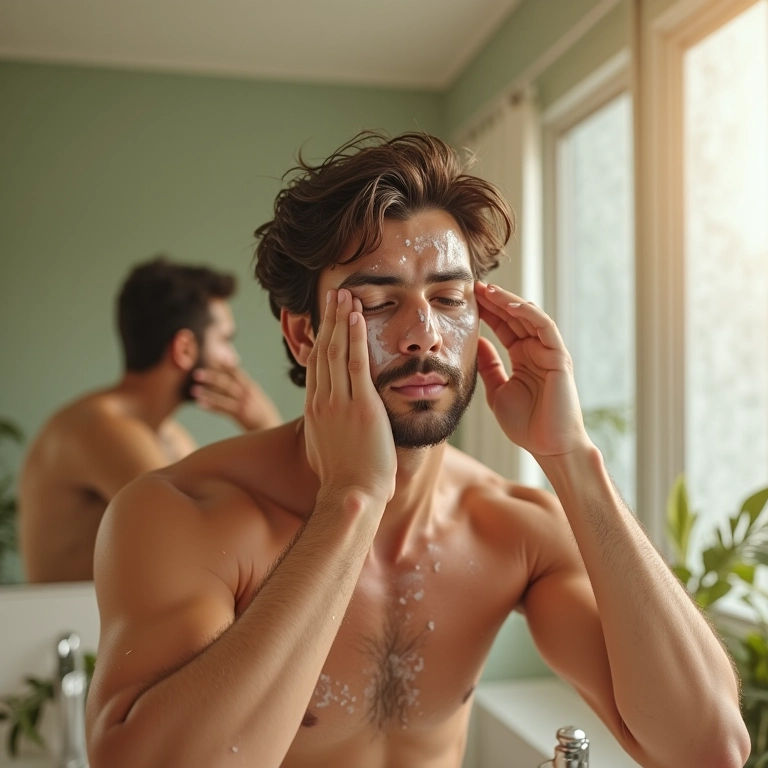 Homem lavando o rosto em um banheiro iluminado.