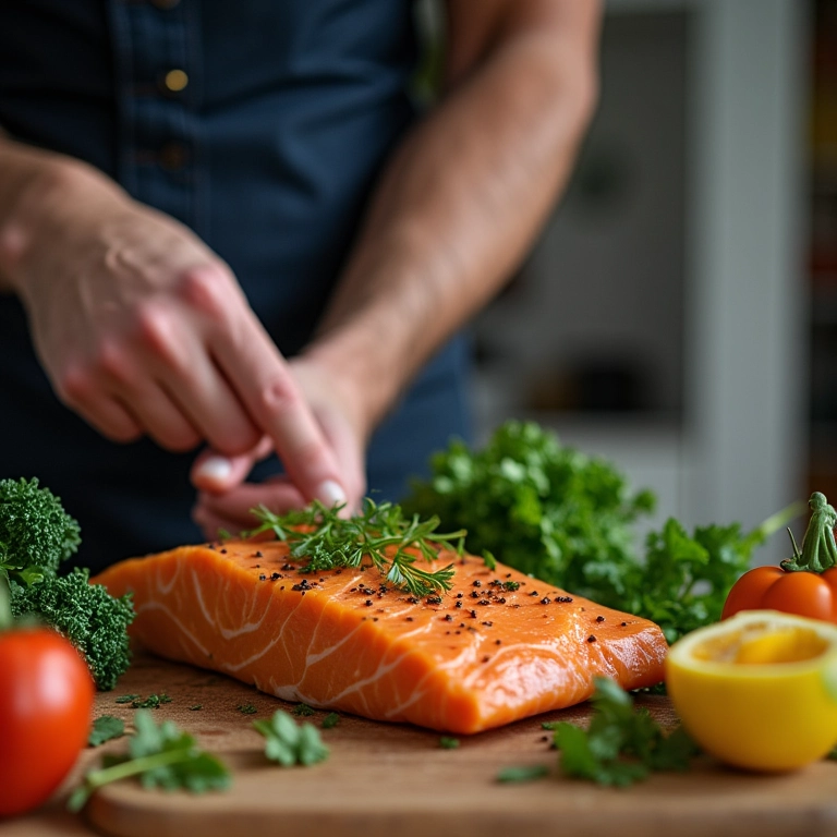 Homem preparando refeição saudável com vegetais frescos.