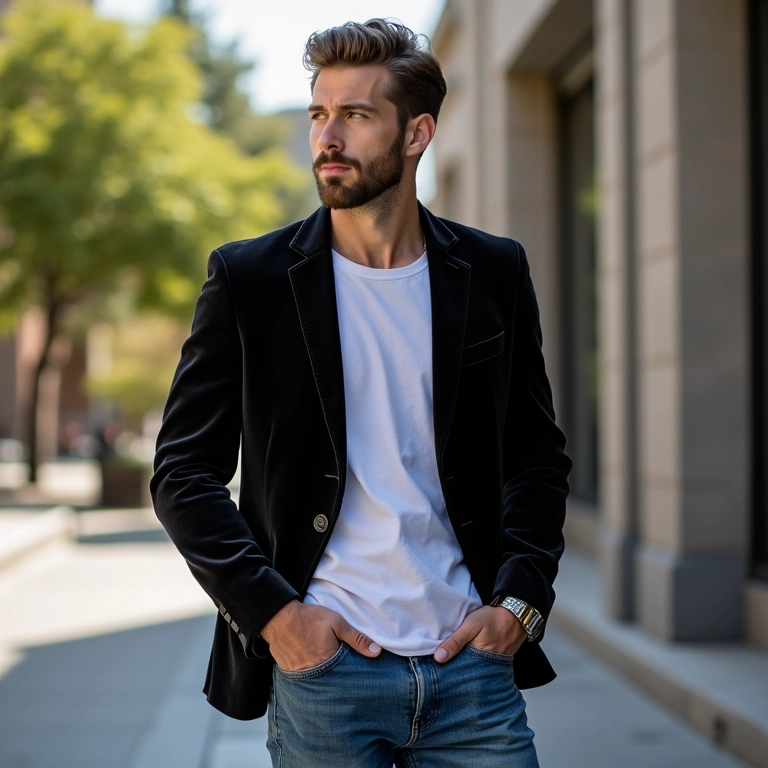 Homem usando blazer de veludo com jeans e camiseta, um look casual e sofisticado.