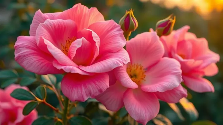 Rosas do Deserto vibrantes em plena floração, com detalhes das pétalas e caudex saudável.