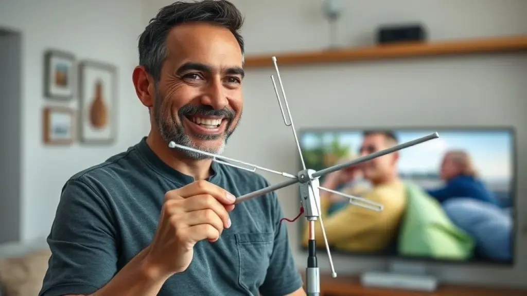 Brasileiro sorrindo com antena digital caseira, imagem nítida na TV.
