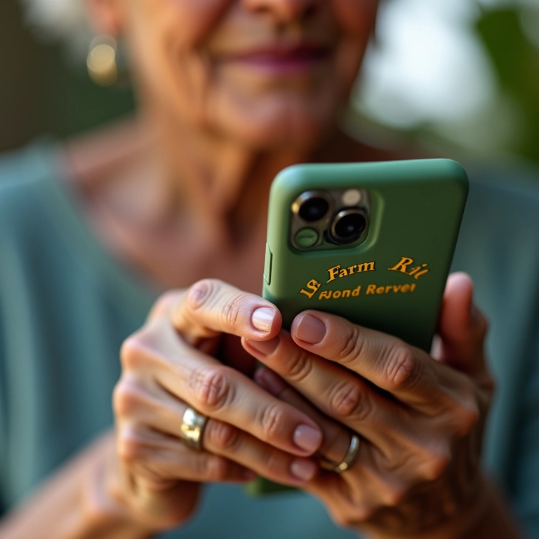 Idosa discando um número de telefone brasileiro, foco nas mãos.