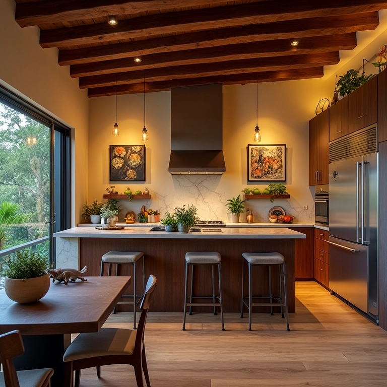 Iluminação de destaque valorizando a decoração em cozinha brasileira moderna.