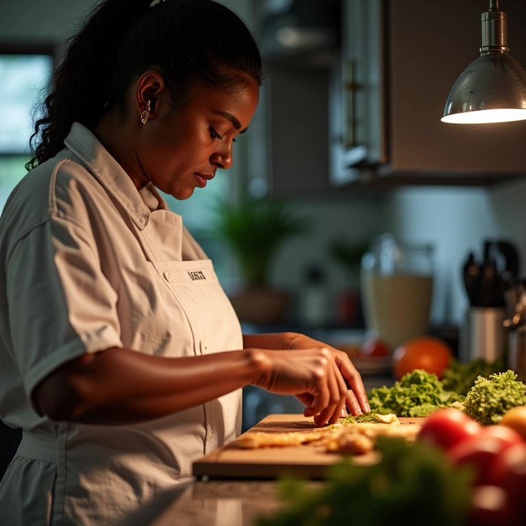 Iluminação de tarefa focada em bancada de cozinha com mulher brasileira cozinhando.