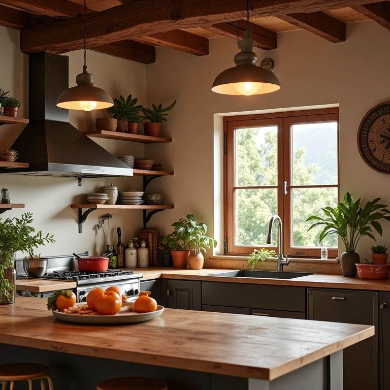 Iluminação geral em cozinha brasileira aconchegante com luminárias de teto.