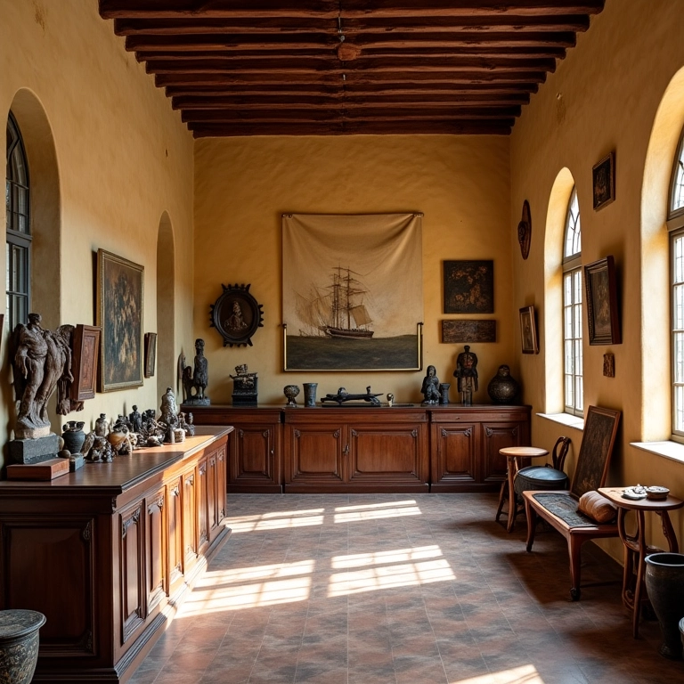 Interior do Museu das Bandeiras, com artefatos da época da colonização.