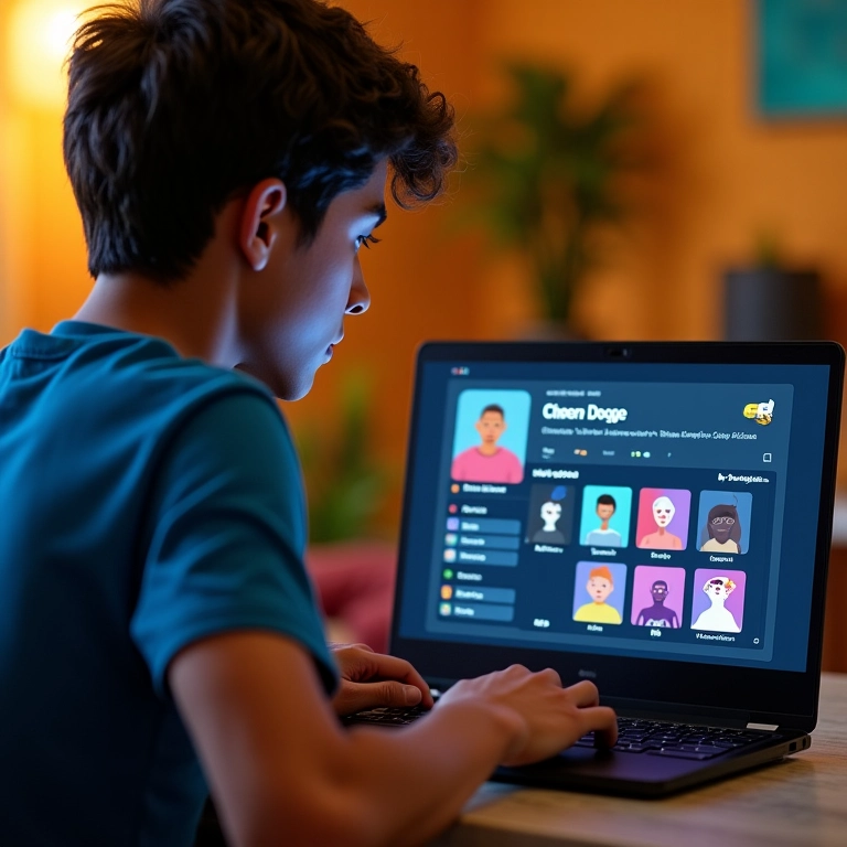 Jovem brasileiro personalizando seu perfil no Discord em um laptop, interior colorido.