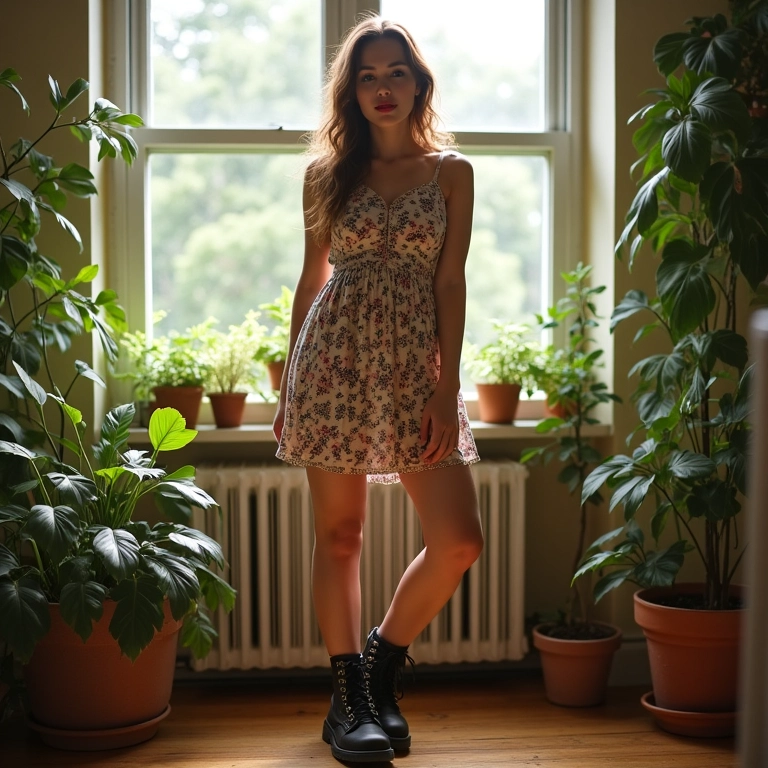 Jovem com vestido floral e coturnos em apartamento boêmio iluminado.