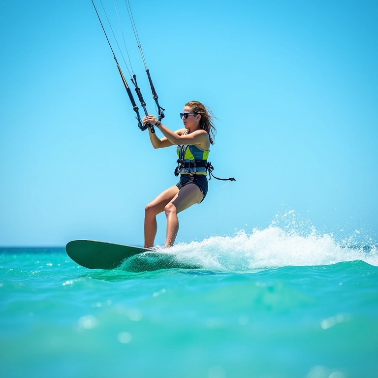 Jovem praticando kitesurf em águas cristalinas em um dia ensolarado.