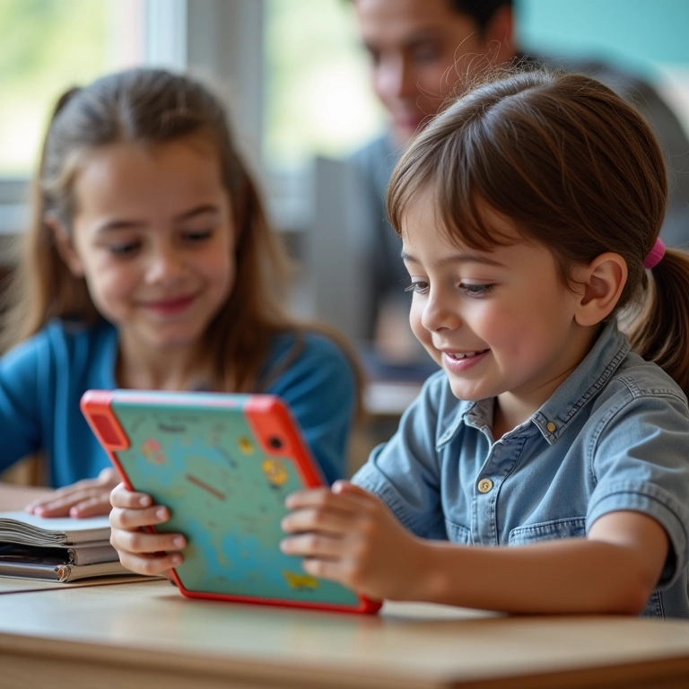 Jovem utilizando tablet com software educativo em sala de aula inclusiva com apoio de professor.