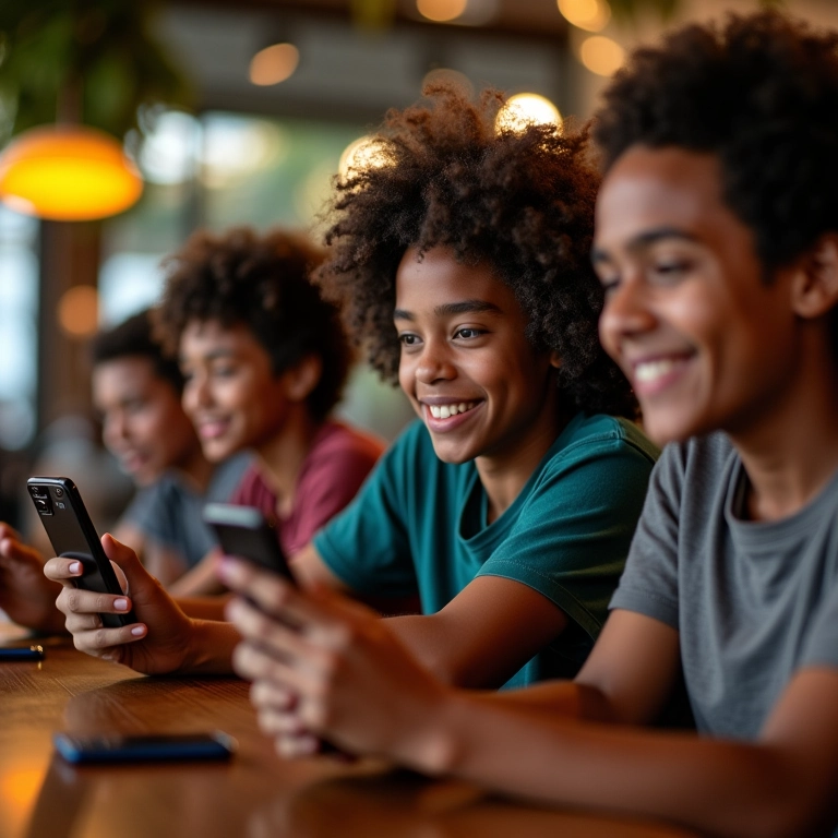 Discord: O Guia Completo Para Iniciantes na Plataforma Jovens adultos diversos usando o Discord em um café brasileiro vibrante.