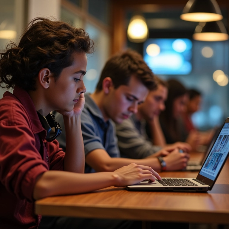 Discord: O Guia Completo Para Iniciantes na Plataforma Jovens adultos diversos utilizando Discord em dispositivos variados em café brasileiro moderno.