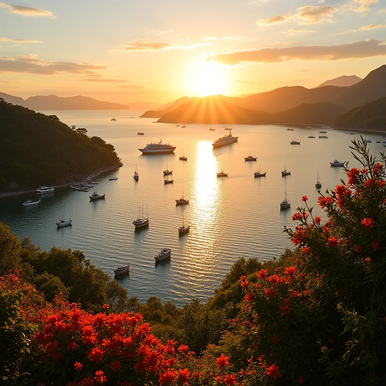 Lagoa da Conceição em Florianópolis com barcos coloridos e vegetação exuberante.