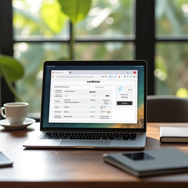 Laptop mostrando confirmação de reserva de hotel, xícara de café.
