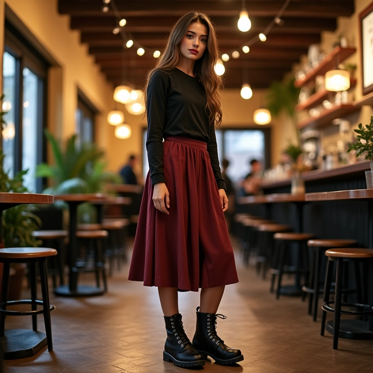 Look elegante com coturno e saia midi.