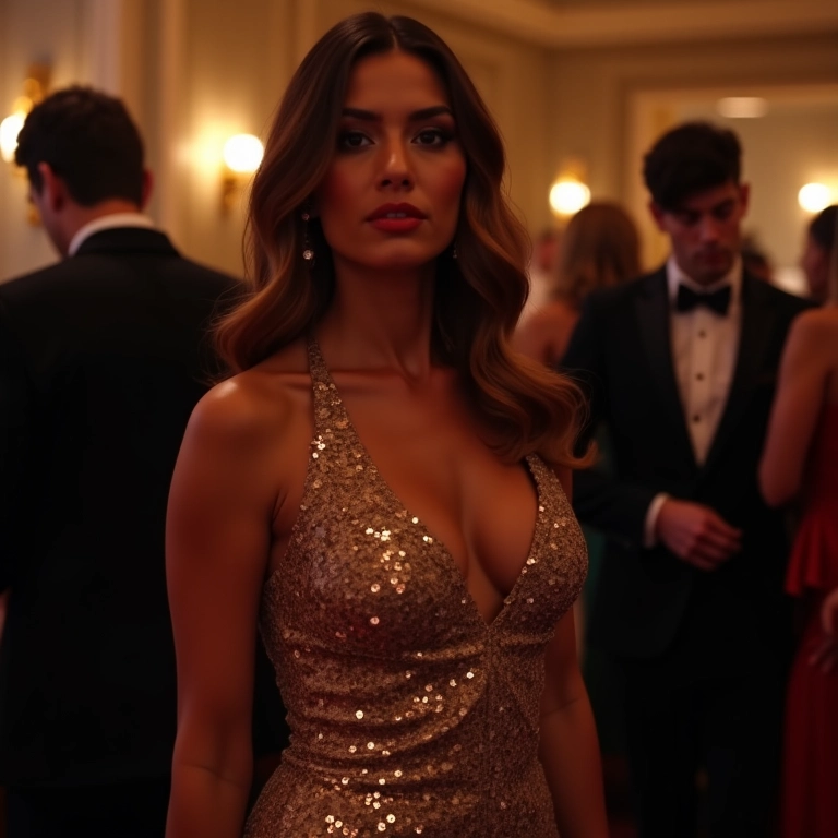 Look noturno sofisticado com macacão pantalona e brilhos.