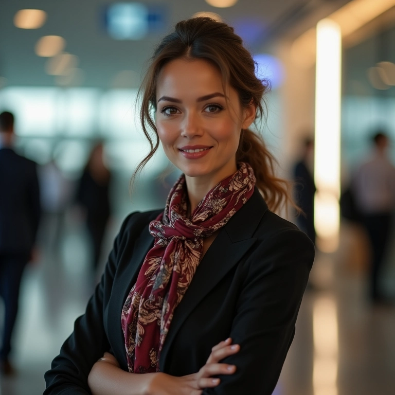 Look versátil de consultora de viagens: do aeroporto ao jantar, com blazer, lenço de seda e maquiagem natural.