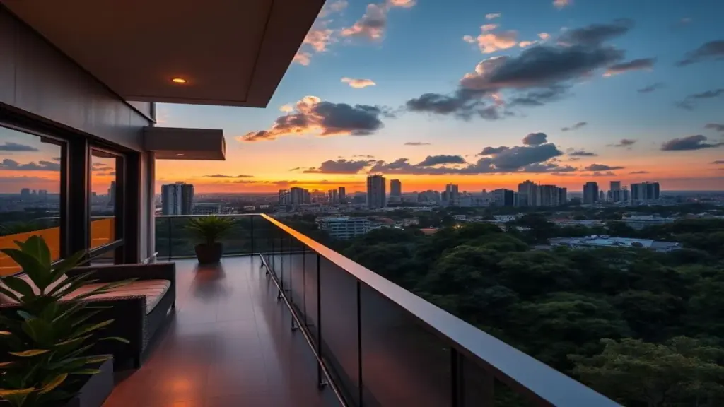 Luxury apartment balcony overlooking Balneário Camboriú skyline at sunset, professional real Vista panorâmica de Balneário Camboriú ao pôr do sol, apartamento de luxo.