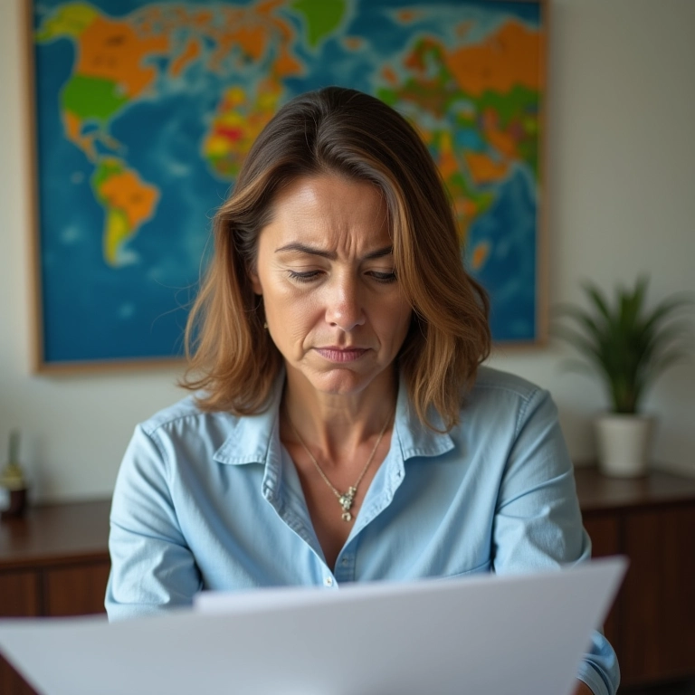 Mãe brasileira preocupada analisando dados de desempenho escolar.