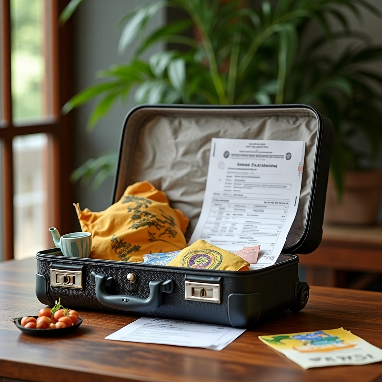 Mala aberta com lembrancinhas, recibos e formulário de declaração alfandegária.